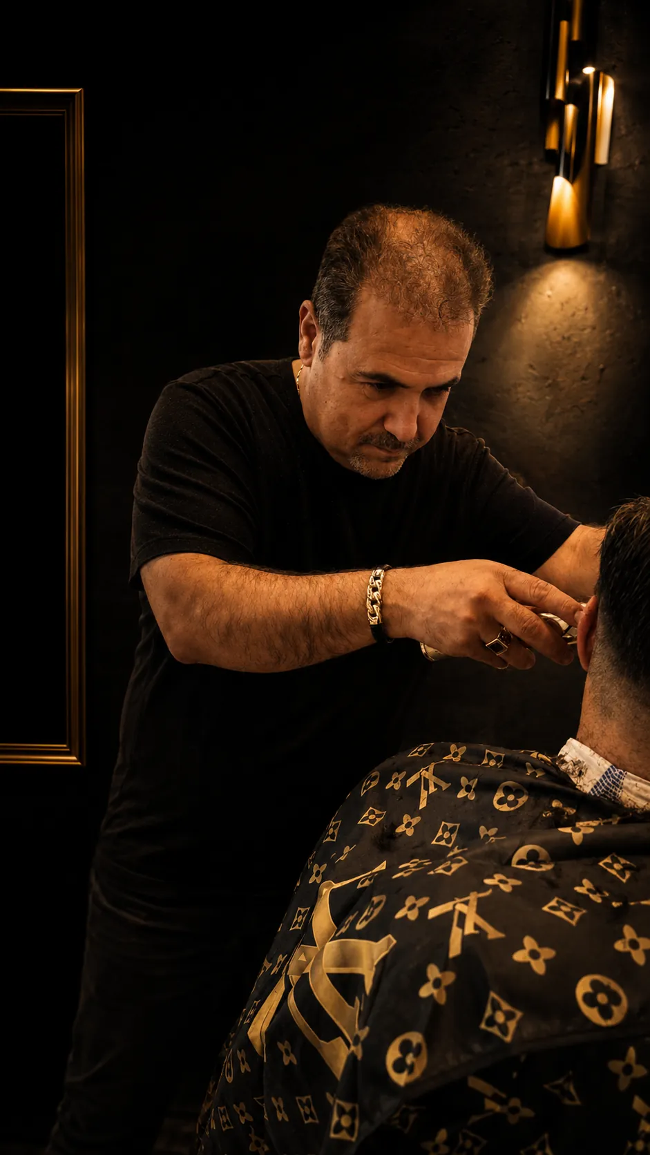 Barber at Yad Barbershop finishing a cut in the shop's black and gold interior